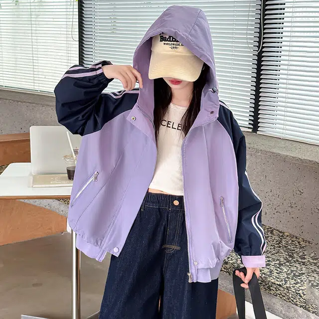 青少年 木木兔 舒适条纹连帽拉链冲锋衣 浅紫色