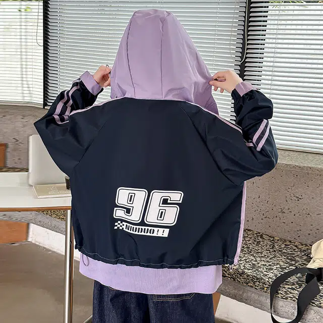 青少年 木木兔 舒适条纹连帽拉链冲锋衣 浅紫色