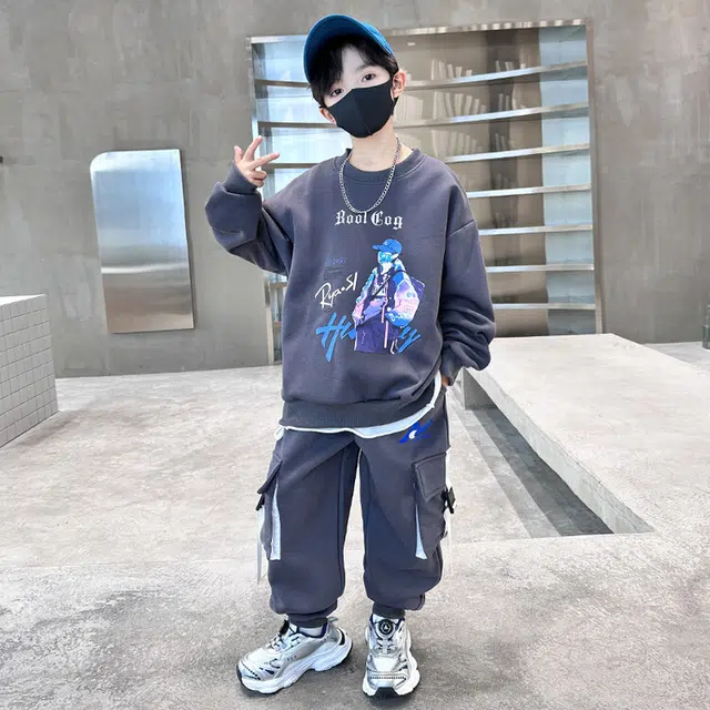 木木兔 圆领舒适柔软轻盈休闲运动套装 灰色青少年