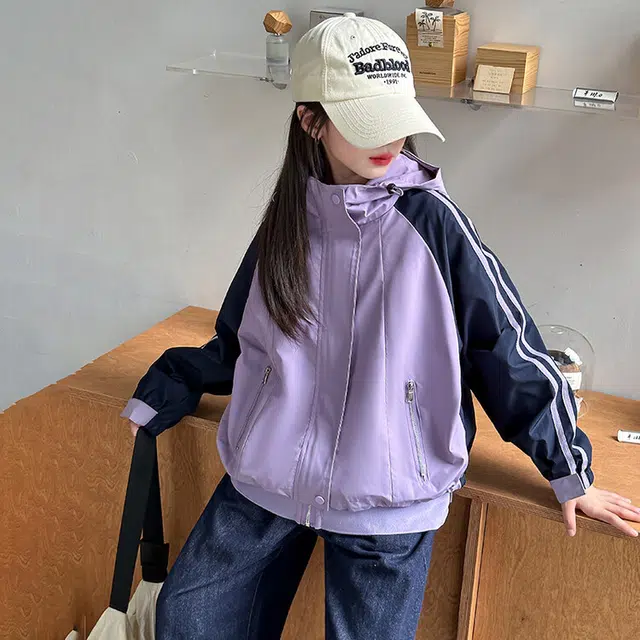 青少年 木木兔 舒适条纹连帽拉链冲锋衣 浅紫色