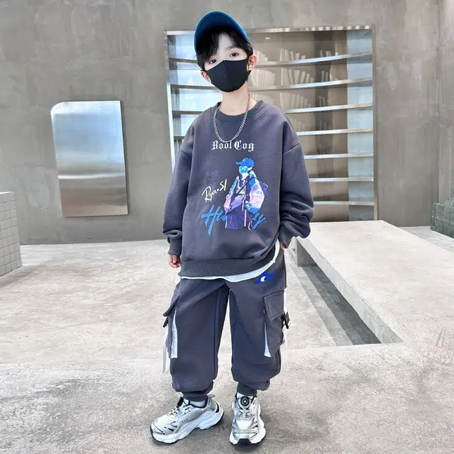 木木兔 圆领舒适柔软轻盈休闲运动套装 灰色青少年