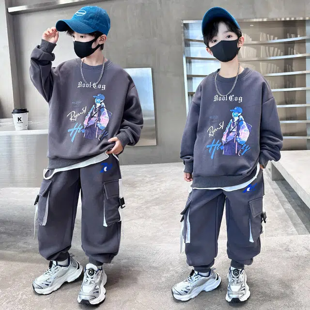 木木兔 圆领舒适柔软轻盈休闲运动套装 灰色青少年