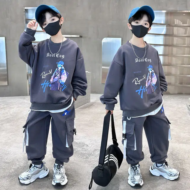 木木兔 圆领舒适柔软轻盈休闲运动套装 灰色青少年
