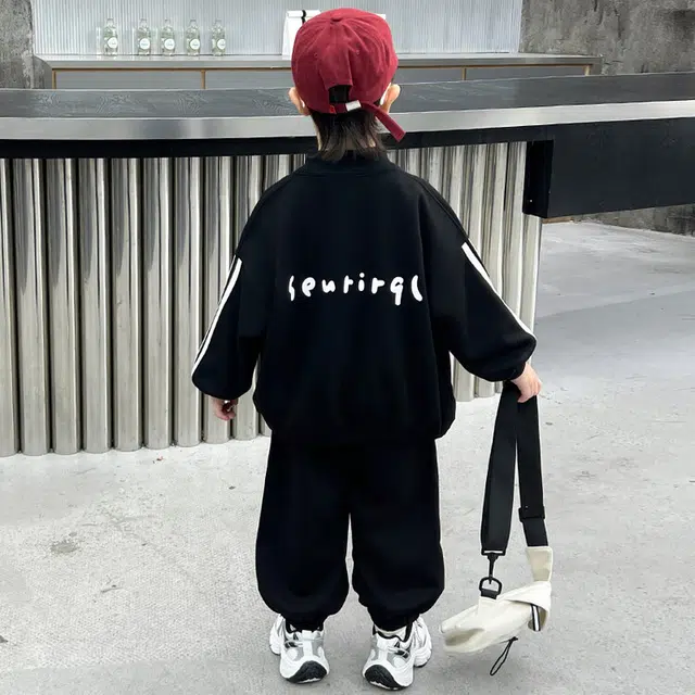 木木兔 立领舒适柔软轻盈休闲运动套装 黑色中小童