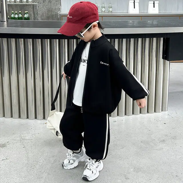 木木兔 立领舒适柔软轻盈休闲运动套装 黑色中小童