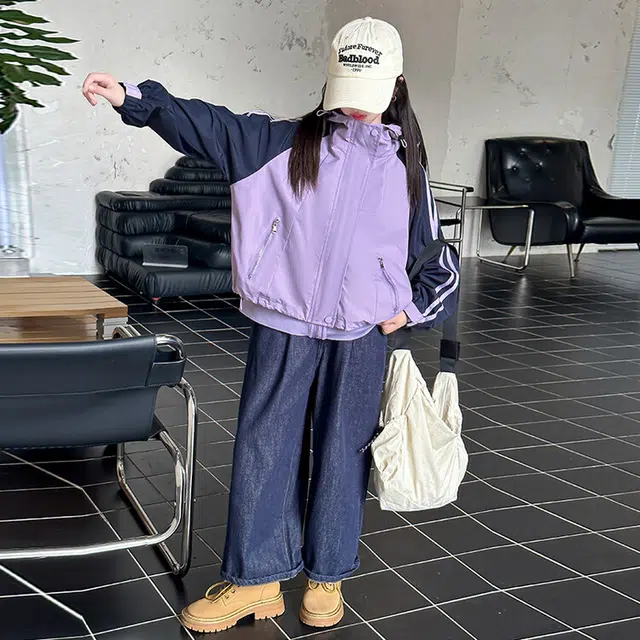青少年 木木兔 舒适条纹连帽拉链冲锋衣 浅紫色