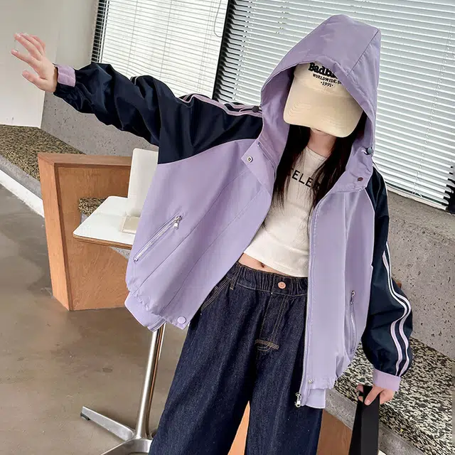 青少年 木木兔 舒适条纹连帽拉链冲锋衣 浅紫色