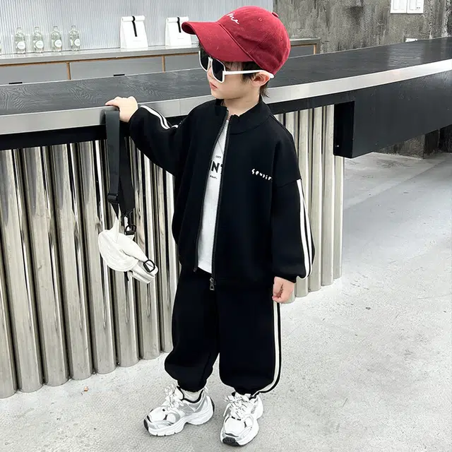 木木兔 立领舒适柔软轻盈休闲运动套装 黑色中小童
