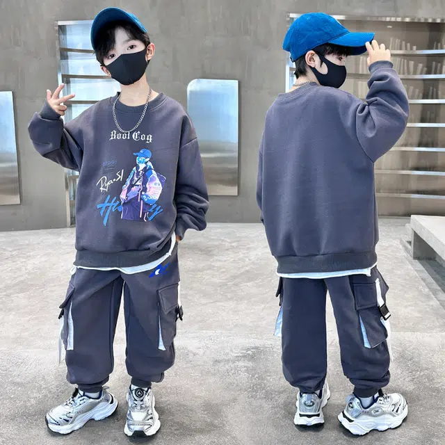 木木兔 圆领舒适柔软轻盈休闲运动套装 灰色青少年