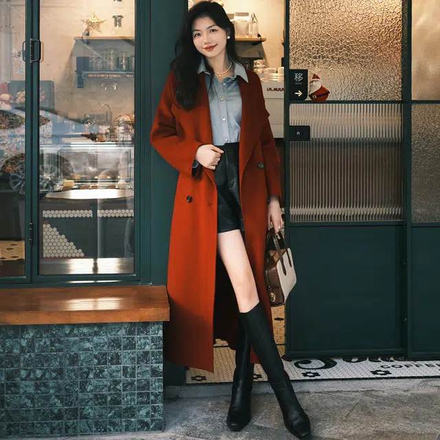 美洋 朱砂痣羊绒外套 双排扣双面呢大衣 女款 红色