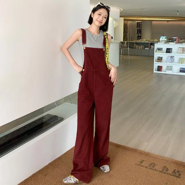 美洋 调节肩带出游连体高腰宽松九分背带裤 女款 红色