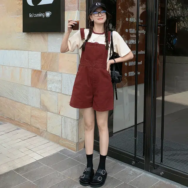 美洋 果酱 俏皮减龄调节肩带休闲出游背带裤 女款 红色
