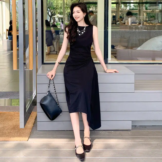 美洋 法式纯色套头收腰长款背心无袖连衣裙 女款