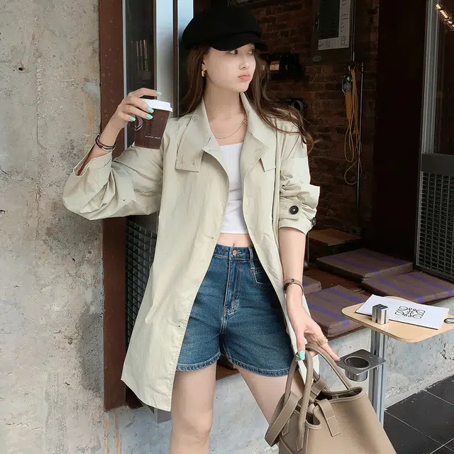 美洋 密苏里防晒 简约系带纯色立领休闲宽松长袖风衣 女款 浅卡其