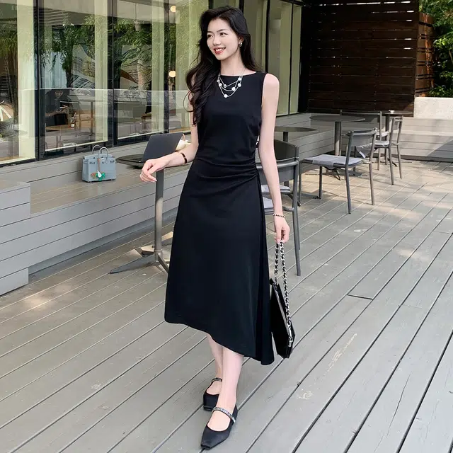 美洋 法式纯色套头收腰长款背心无袖连衣裙 女款