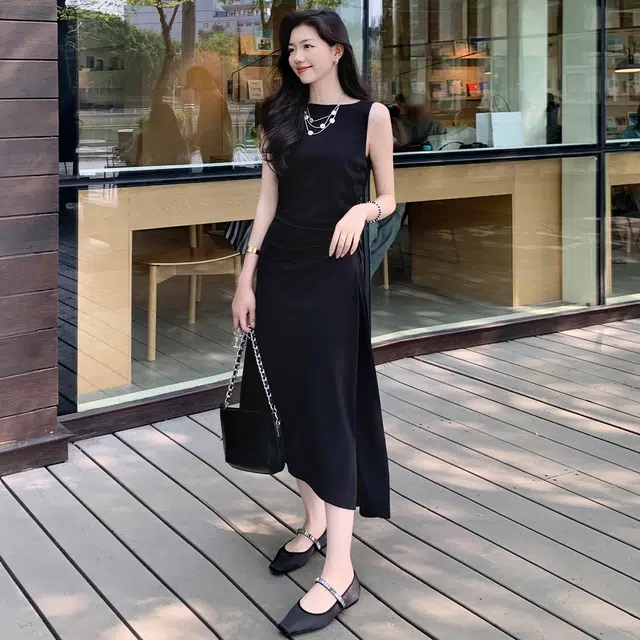 美洋 法式纯色套头收腰长款背心无袖连衣裙 女款