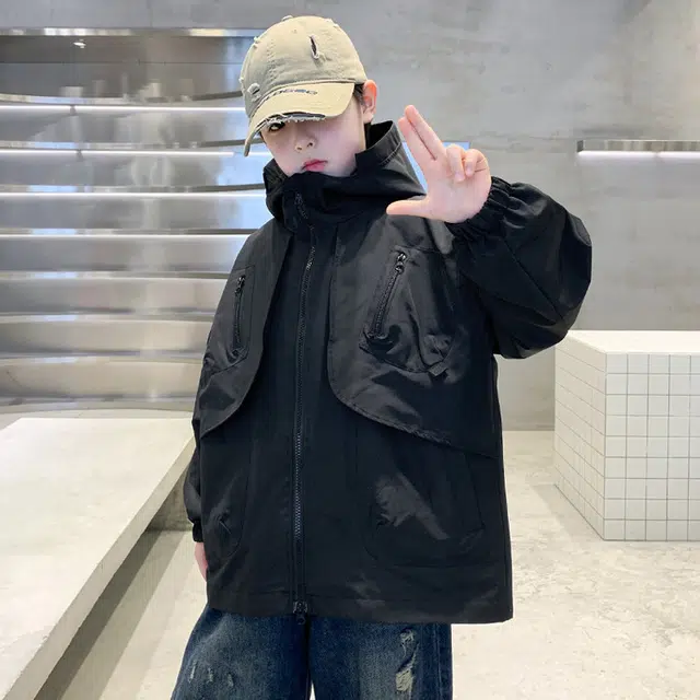 木木兔夹克 潮流时尚男童秋季外套 潮酷百搭时髦洋气宽松舒适街头风 大童男孩工装连帽 青少年