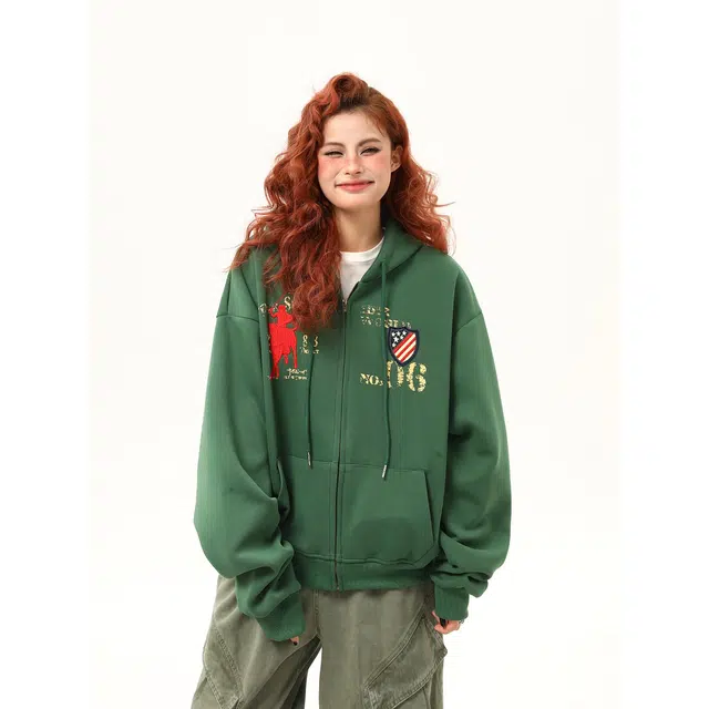 木木兔 潮流时尚秋季外套  情侣装 宽松美式复古字母连帽开衫卫衣 女款