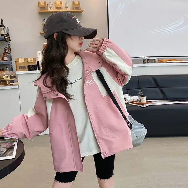 木木兔夹克 潮流时尚女童秋季外套 学生百搭休闲 美式字母大口袋宽松连帽 初中生 时髦女孩洋气 青少年