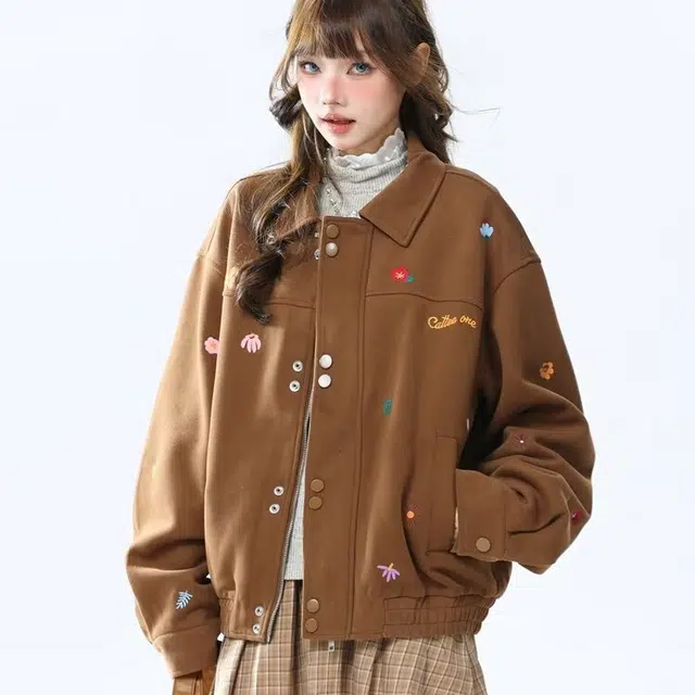 木木兔 潮流时尚秋季女装外套 小花翻领美式复古短款百搭情侣款夹克 女款