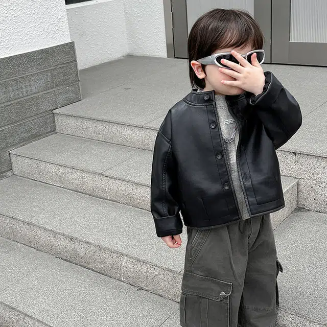 木木兔夹克 潮流时尚男童秋季外套 潮酷百搭时髦洋气宽松舒适街头风  男孩圆领皮衣 青少年