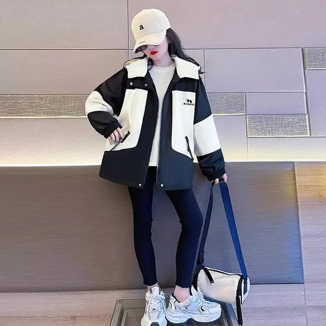 木木兔夹克 潮流时尚女童秋季外套 学生百搭休闲 户外防水防风 宽松连帽 帅气 中大童初中生 时髦洋气 青少年