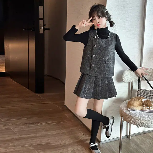 儿童款 木木兔裙装套装 时髦洋气秋季女童裙子 大童 小香风蝴蝶结三件套 柔软百搭潮流青春时尚