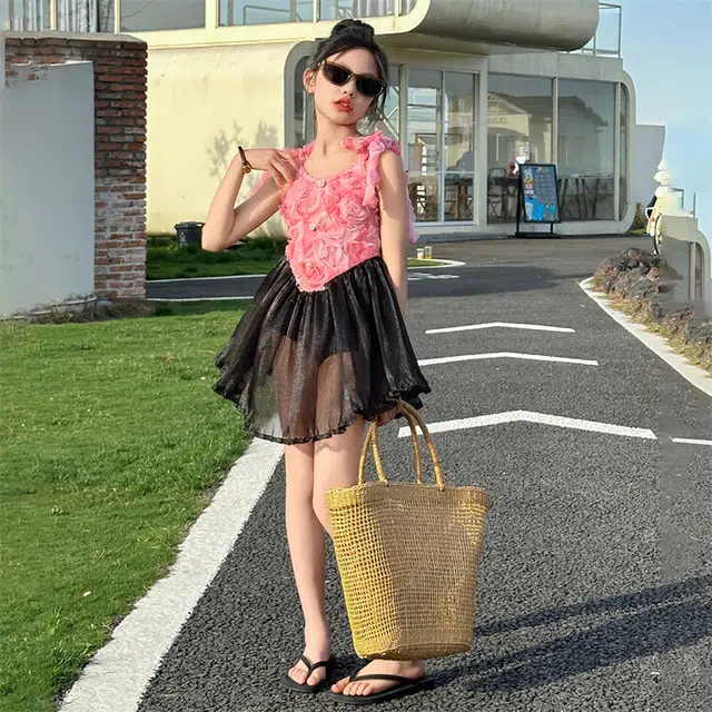 木木兔 夏季时髦洋气时尚女孩速干泳装立体大花朵荷叶裙摆游泳泳衣裤 儿童款
