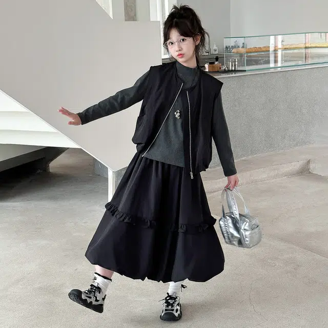 儿童款 木木兔裙装套装 时髦洋气秋季女童裙子 大童 学院风工装马甲花苞裙三件套 柔软百搭潮流青春时尚