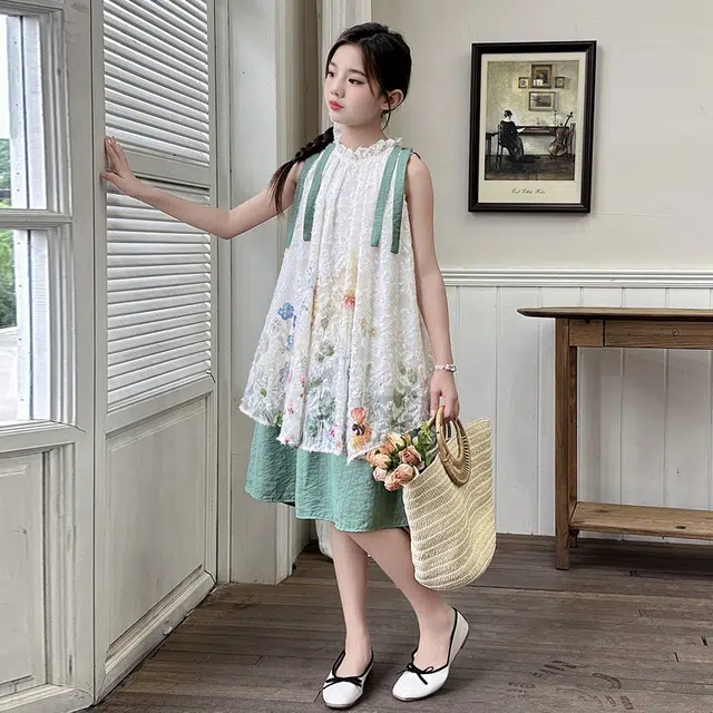 木木兔连衣裙 时髦洋气夏季薄款宽松舒适中大童时尚百搭个性女孩无袖花朵裙子