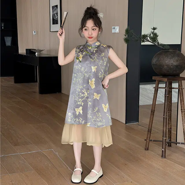 木木兔连衣裙 时髦洋气夏季薄款宽松舒适中大童时尚百搭女孩新中式无袖裙子