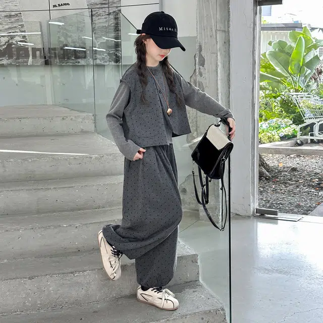 木木兔休闲运动套装 青春潮流时尚女大童秋季不规则马甲灯笼裤三件套 宽松百搭舒适潮酷时髦洋气 青少年