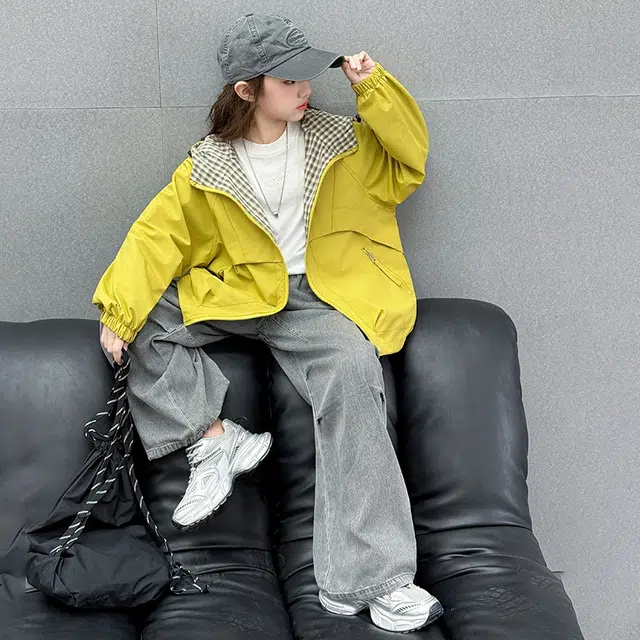 木木兔夹克 潮流时尚女童秋季外套 学生百搭休闲 宽松连帽 两面穿  户外防风 中大童初中生 时髦洋气 青少年