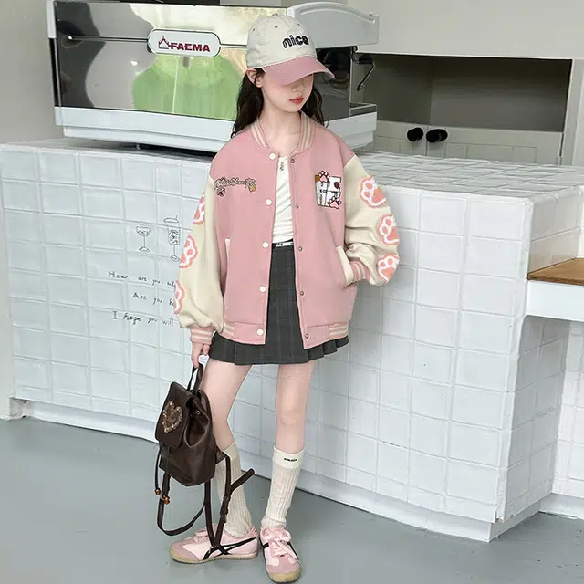 木木兔 棒球服 青春时尚女童秋季外套 学院风宽松舒适 简约百搭休闲字母 潮流洋气拼色 青少年