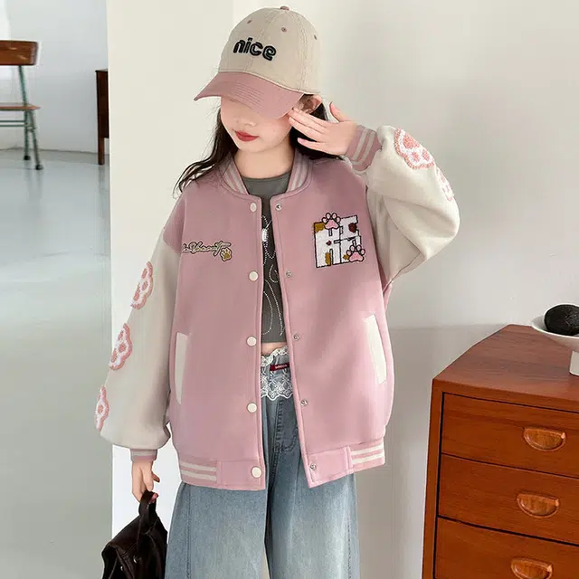 木木兔 棒球服 青春时尚女童秋季外套 学院风宽松舒适 简约百搭休闲字母 潮流洋气拼色 青少年