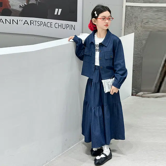 儿童款 木木兔裙装套装 时髦洋气秋季女童裙子 大童 学院风牛仔裙两件套 柔软百搭潮流青春时尚