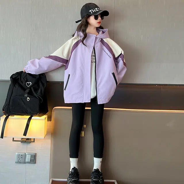 木木兔夹克 潮流时尚女童秋季外套 学生百搭休闲 三色拼接 宽松连帽 帅气 中大童 女孩 时髦洋气 青少年