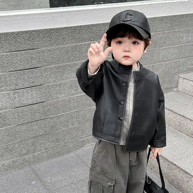 木木兔夹克 潮流时尚男童秋季外套 潮酷百搭时髦洋气宽松舒适街头风  男孩圆领皮衣 青少年