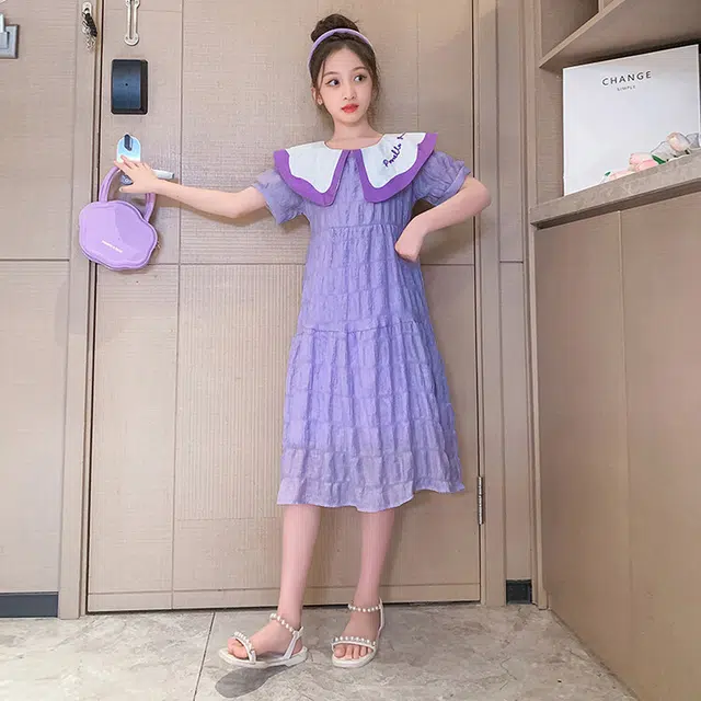 木木兔连衣裙 时髦洋气中大童夏季时尚女孩刺绣娃娃领裙子