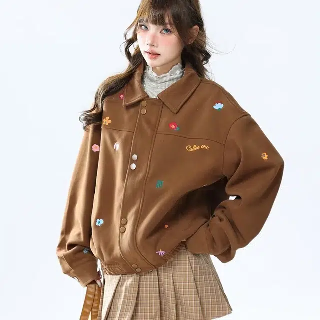 木木兔 潮流时尚秋季女装外套 小花翻领美式复古短款百搭情侣款夹克 女款