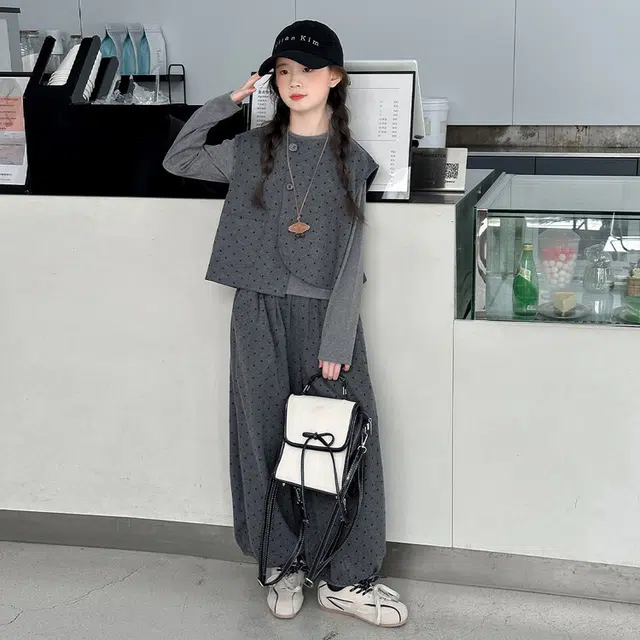 木木兔休闲运动套装 青春潮流时尚女大童秋季不规则马甲灯笼裤三件套 宽松百搭舒适潮酷时髦洋气 青少年