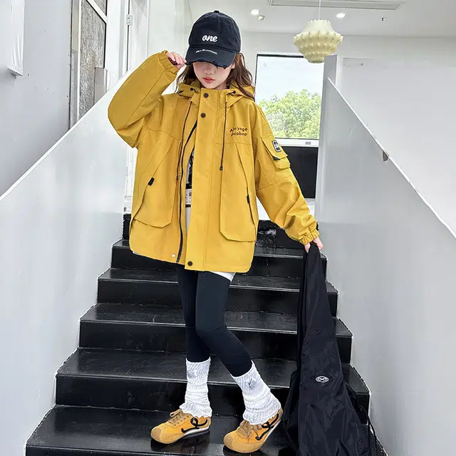木木兔夹克 潮流时尚女童秋冬季外套 学生百搭休闲 加绒加厚 户外防风宽松连帽 中大童初中生 时髦洋气 青少年