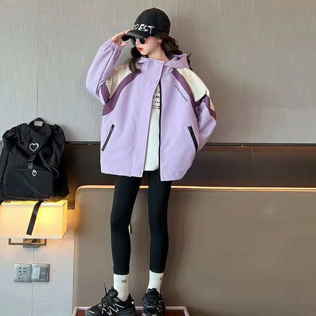 木木兔夹克 潮流时尚女童秋季外套 学生百搭休闲 三色拼接 宽松连帽 帅气 中大童 女孩 时髦洋气 青少年