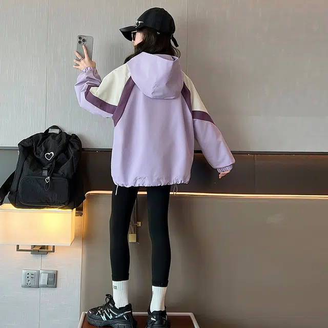 木木兔夹克 潮流时尚女童秋季外套 学生百搭休闲 三色拼接 宽松连帽 帅气 中大童 女孩 时髦洋气 青少年