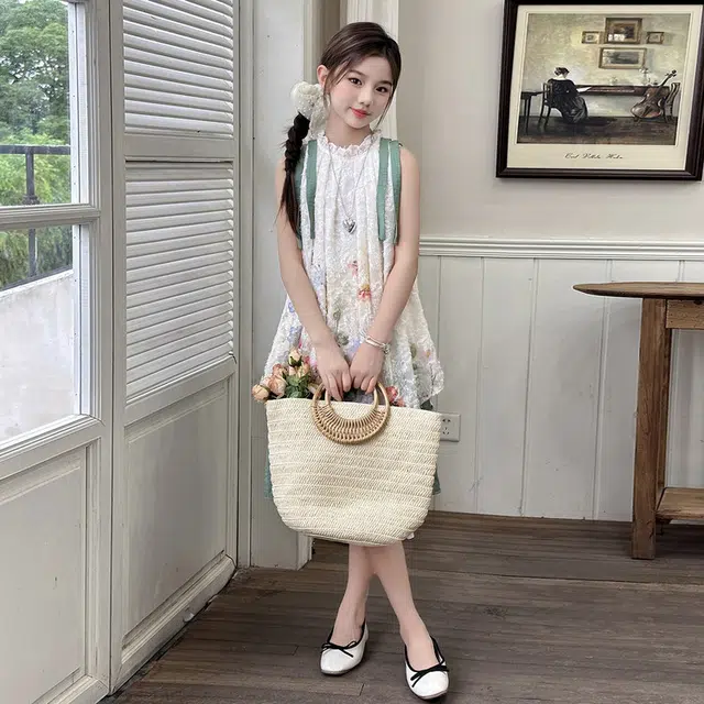 木木兔连衣裙 时髦洋气夏季薄款宽松舒适中大童时尚百搭个性女孩无袖花朵裙子