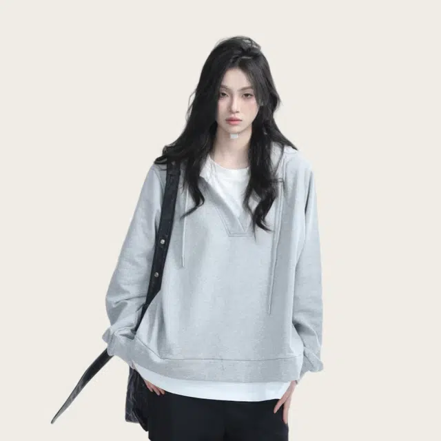 木木兔 潮流时尚秋季  情侣装 大码 美式简约叠穿假两件连帽春秋宽松休闲慵懒男上衣潮卫衣 女款