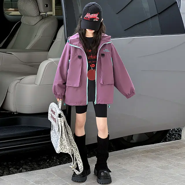 木木兔夹克 潮流时尚女童秋季外套 学生百搭休闲 工装风 户外防风 宽松连帽 中大童初中生 女孩时髦洋气 青少年