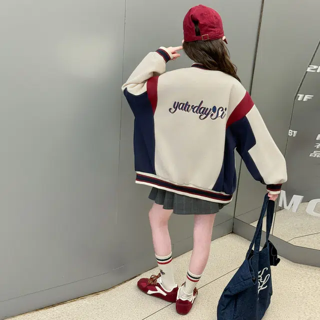 木木兔 棒球服 青春时尚女大童外套学院风宽松舒适秋季简约百搭休闲运动字母绣花潮流洋气 青少年