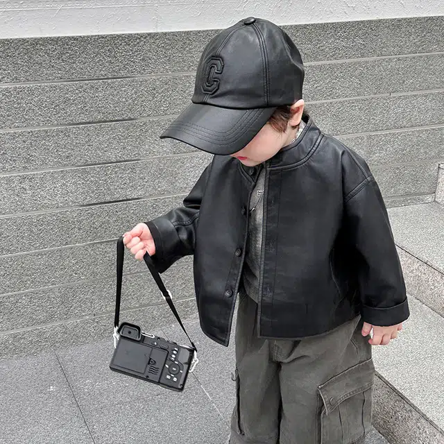 木木兔夹克 潮流时尚男童秋季外套 潮酷百搭时髦洋气宽松舒适街头风  男孩圆领皮衣 青少年