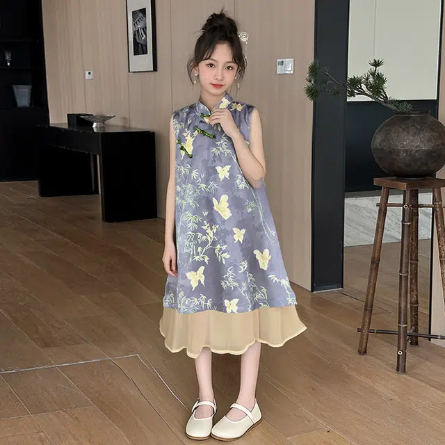 木木兔连衣裙 时髦洋气夏季薄款宽松舒适中大童时尚百搭女孩新中式无袖裙子